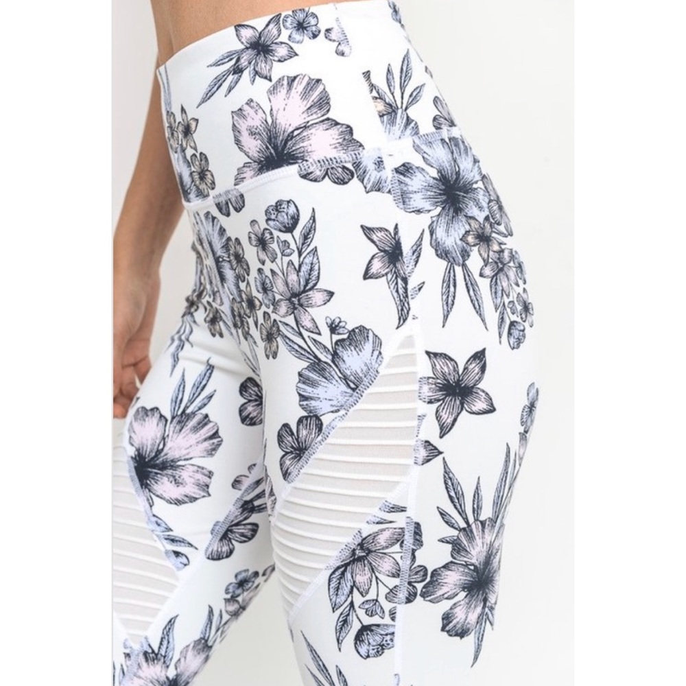 White Floral Print Moto Mesh Leggings